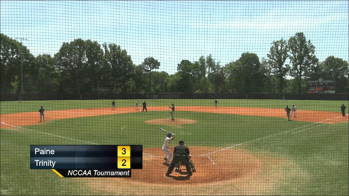 Jacob Burke digs in for his walk-off single vs. Paine. 
[PHOTO: Toccoa Falls College Athletics on the NCCAA Network]
